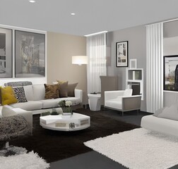 living room with a couch, a television and wall and lamp and table and charis and plant