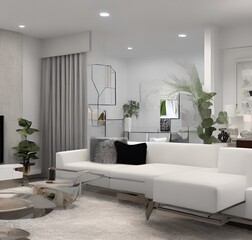 living room with a couch, a television and wall and lamp and table and charis and plant