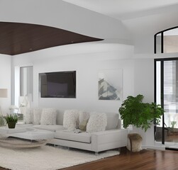 living room with a couch, a television and wall and lamp and table and charis and plant