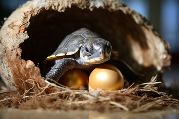 Cute little turtle baby coming from egg. Generative ai.