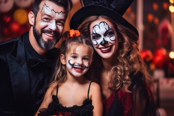 happy family mother father and children in costumes and makeup on a celebration of Halloween.