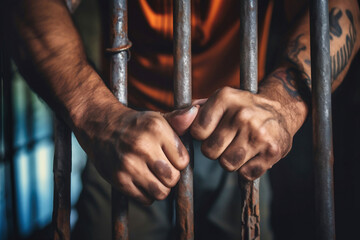 Man behind prison bars. Men's hands rest on the bars of a prison or prison cell. Conclusion concept. Crime and Punishment. Close-up. Repression. Justice.