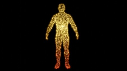 Human body made of glowing yellow points, dots.  Microbiome bacteria, viruses, microbes on body. 3d render illustration.