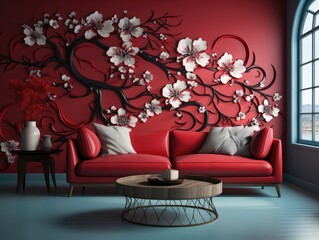 Classic Red Sakura Asian Wallpaper