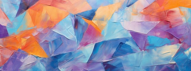 Naklejka premium Closeup of abstract rough colorful multicolored geometric triangular triangles art painting texture 3d pattern wallpaper, with oil brushstroke, pallet knife paint on canvas (Generative Ai)