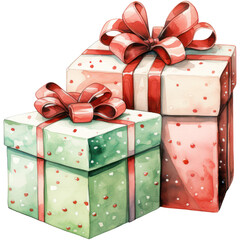 Watercolor Christmas Theme Decoration Illustration. Winter Season Festive. Holiday Artwork. Beautiful Vintage Giftboxes.