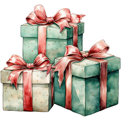 Watercolor Christmas Theme Decoration Illustration. Winter Season Festive. Holiday Artwork. Beautiful Vintage Giftboxes.