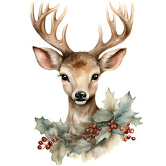 Watercolor Christmas Theme Decoration Illustration. Winter Season Festive. Holiday Artwork. Beautiful Reindeer with Holly.