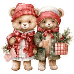 Watercolor Cute Couple Bear. Christmas Theme Illustration. Cute Bear Wearing a Santa Hat and Santa Plaid Motifs Costume.