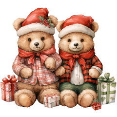 Watercolor Cute Couple Bear. Christmas Theme Illustration. Cute Bear Wearing a Santa Hat and Santa Plaid Motifs Costume.