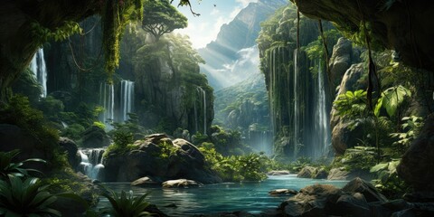 Dense Jungle Surroundings of Stunning Asian Waterfall