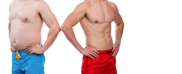before obesity after slimming of men, advertisement. cropped view of men with before after