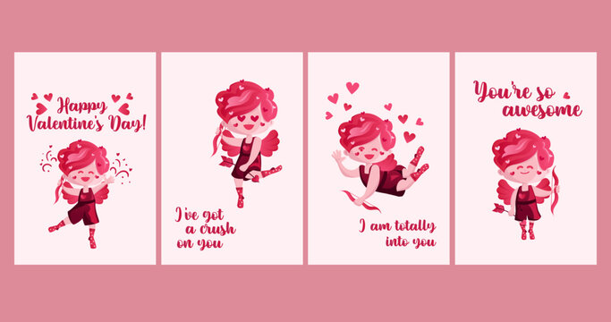 Vertical Greeting cards collection for Valentine s Day with a cubidon. Vector, cartoon style. can be used to create heartfelt and romantic greetings