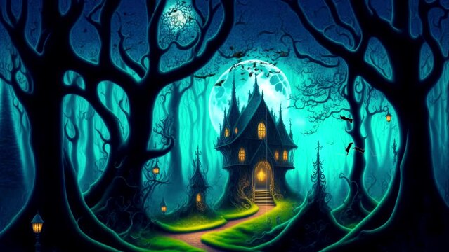 Halloween background animation with the concept of a haunted house surrounded by bats. looped video