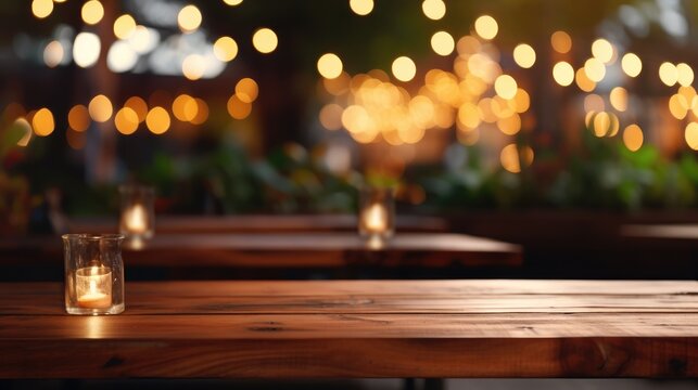 Empty Brown Wooden Tables And Bokeh Lights Blurred Outdoor Cafe  Abstract Background Of Restaurant Lighting Where People Enjoy Eating Can Be Used For Montages Or To Display Your Products.