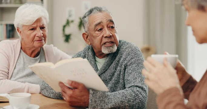Worship, reading or old man teaching in bible study with people for praying, praise or spiritual education. Story, home or Christian faith with senior friends in retirement for gospel or learning