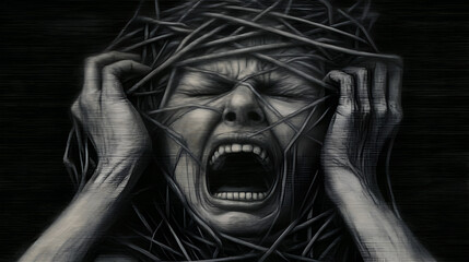 Man screaming engulfed by crown of thorns - anxiety and mental anguish