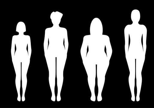 Hoja de iconos de siluetas de mujeres de diferente complexi&oacute;n en blanco sobre fondo negro