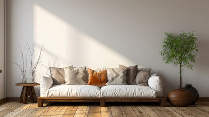 casual sofa in front of a single white empty wall, oiled wooden floor.