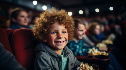 Obraz na płótnie Canvas School boy watching movie in cinema