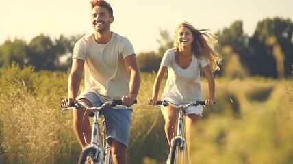 Happy young couple explores nature by bike .