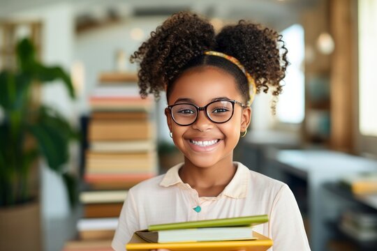 funny smiling Black child school girl with glasses hold books, living room background.