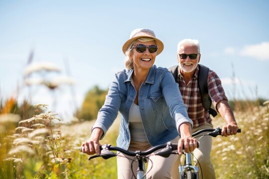 Happy older couple explores nature by bike on sunny day.