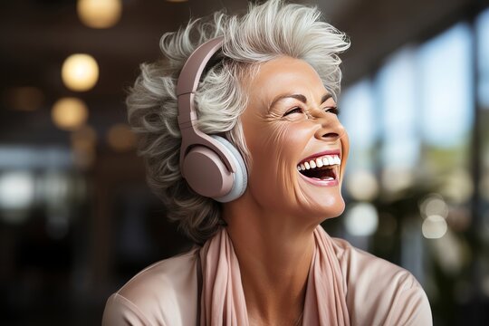 Portrait A Happy Senior Woman In Wireless Headphones Dancing, Singing.