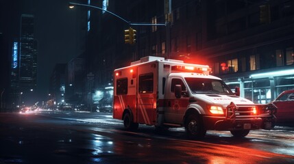 An ambulance rushing through the night city street. Generative AI