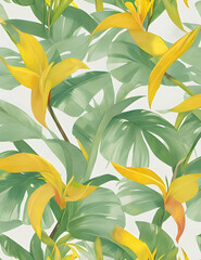 Beach cheerful seamless pattern wallpaper of tropical dark green leaves of palm trees and flowers bird of paradise (strelitzia) plumeria on a light yellow background