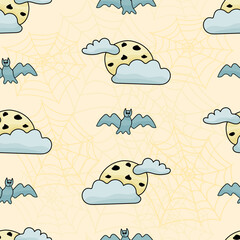 Naklejka premium Colorful seamless pattern with hand drawn doodle cute Halloween character and objects - cartoon bat, moon with clouds and spider web
