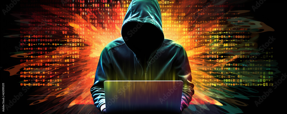 Wall mural hacker on a laptop, a man wearing a hood on a laptop, image made up of colorful binary code, hacker 