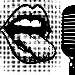 Mouth with microphone isolated. Lips collage in retro style. Vector illustration with vintage grunge punk element.