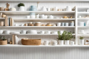 white wooden shelf with assorted items 