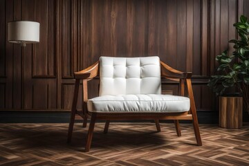 brown wooden framed white padded armchair 
