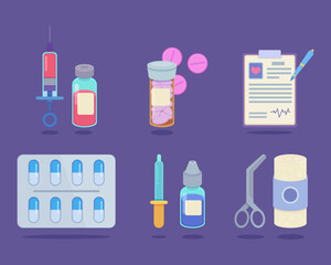 Prescription medicine elements vector illustrations set. Collection of cartoon drawings of vaccine, syringe, pills, diagnostic report, bandage. Medicine, healthcare, medication, treatment concept