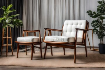 brown wooden framed white padded armchair 