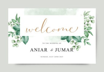 Wedding welcome sign card with beautiful green leaves