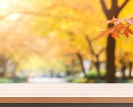 A vibrant autumn image shows an empty wooden table with a blurred business district background. (Generative AI)