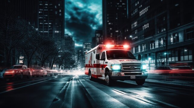 An ambulance rushing through the night city street. Generative AI