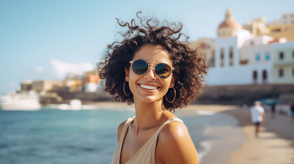 Portrait of smiling woman traveler walking seafront. AI Generated.