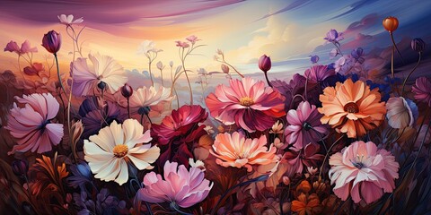 close up many colorful flowers in the field, generative AI