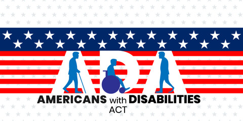 ADA, Americans with Disabilities Act. civil rights law that prohibits discrimination based on disability, vector illustration