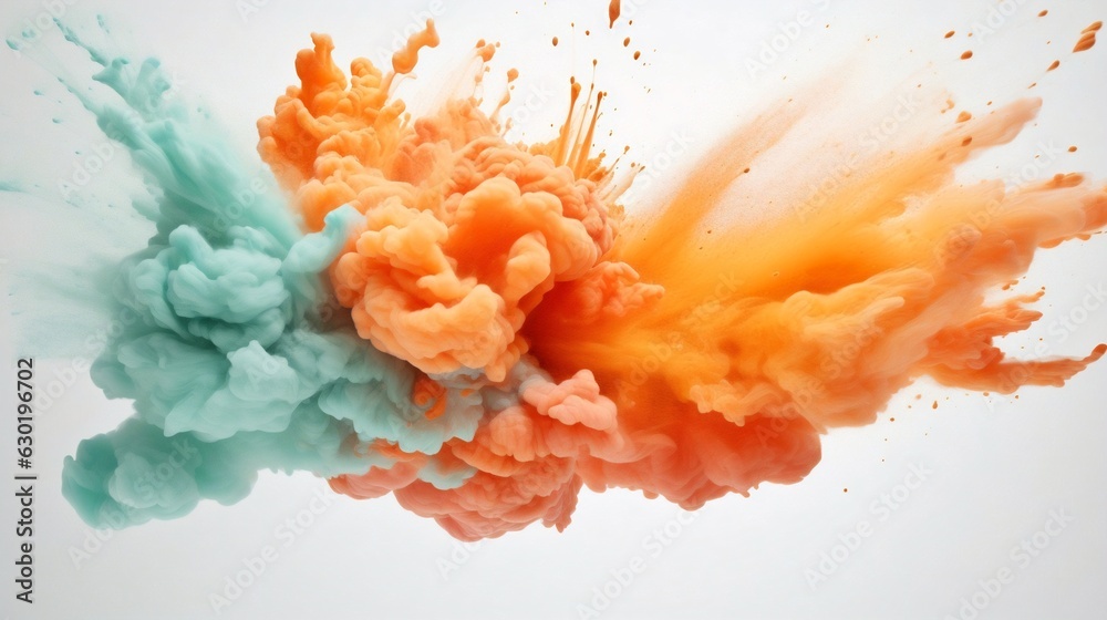 Poster Generative AI : Colored powder explosion on a white background. Abstract closeup dust on backdrop. Colorful explode. Paint holi