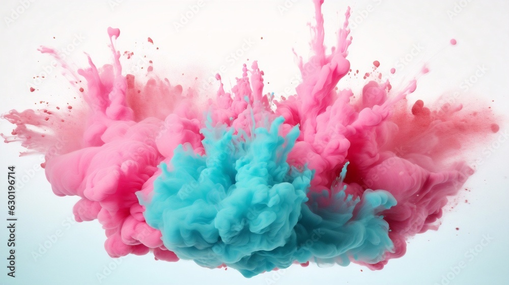 Aufkleber generative ai : freeze motion of pale turquoise and soft pink color powder exploding on white backgr