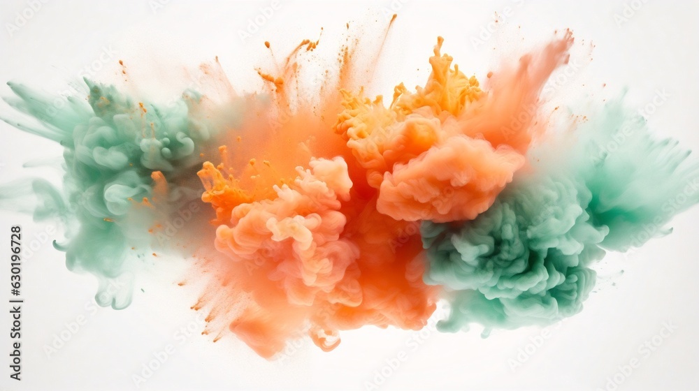 Poster Generative AI : Colored powder explosion on a white background. Abstract closeup dust on backdrop. Colorful explode. Paint holi