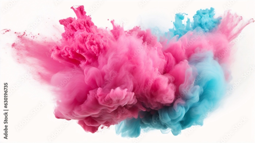 Poster generative ai : freeze motion of pale turquoise and soft pink color powder exploding on white backgr