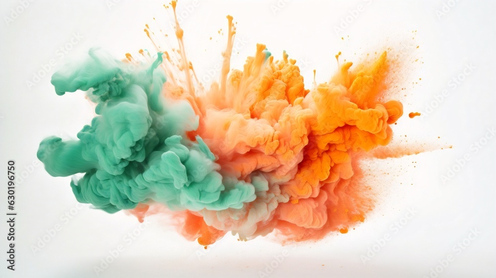 Aufkleber generative ai : colored powder explosion on a white background. abstract closeup dust on backdrop. c