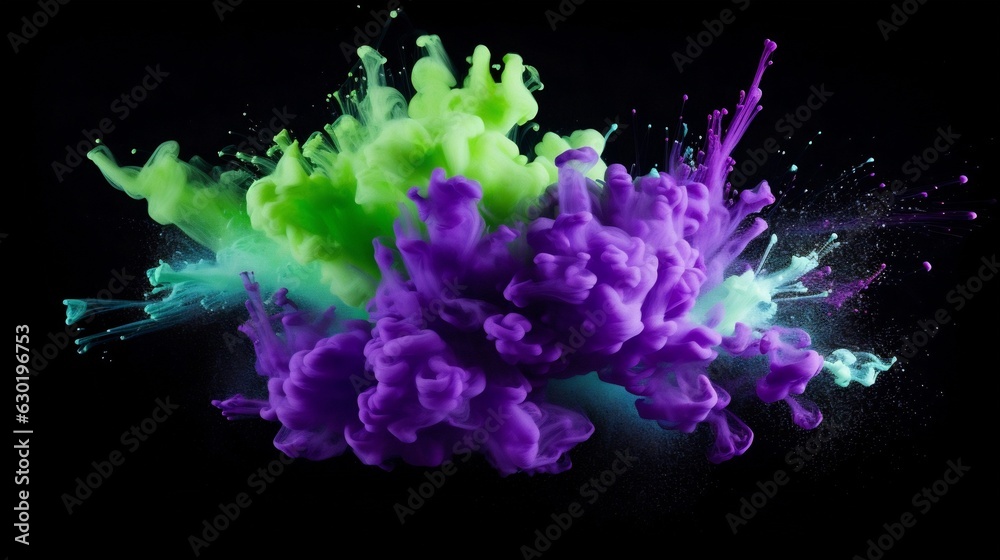 Poster generative ai : explosion of vibrant soft violet and light green powder. freeze motion of color powd