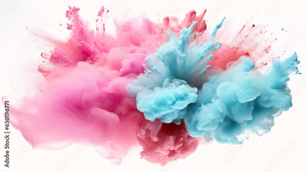 Poster generative ai : freeze motion of pale turquoise and soft pink color powder exploding on white backgr